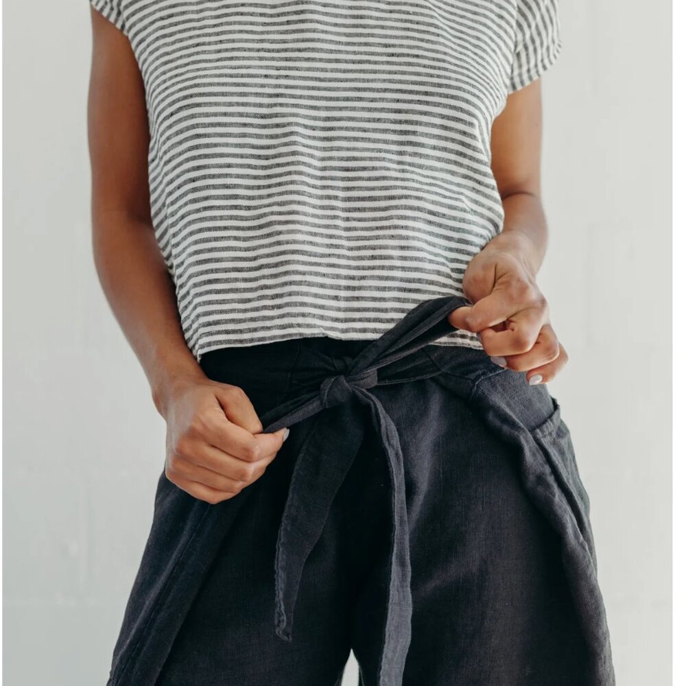 Tigerowl wrap black linen pants, tailored to crop length